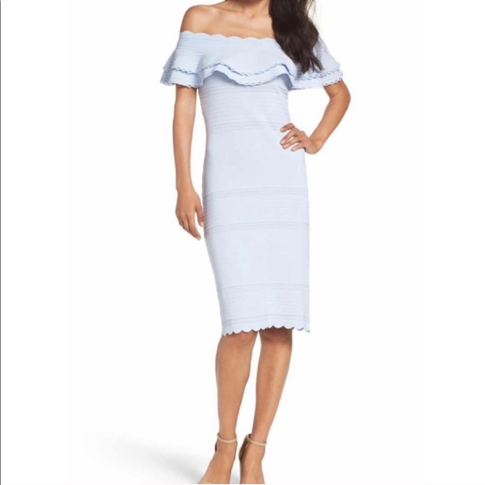 Eliza J sheath off the shoulder baby blue dress
